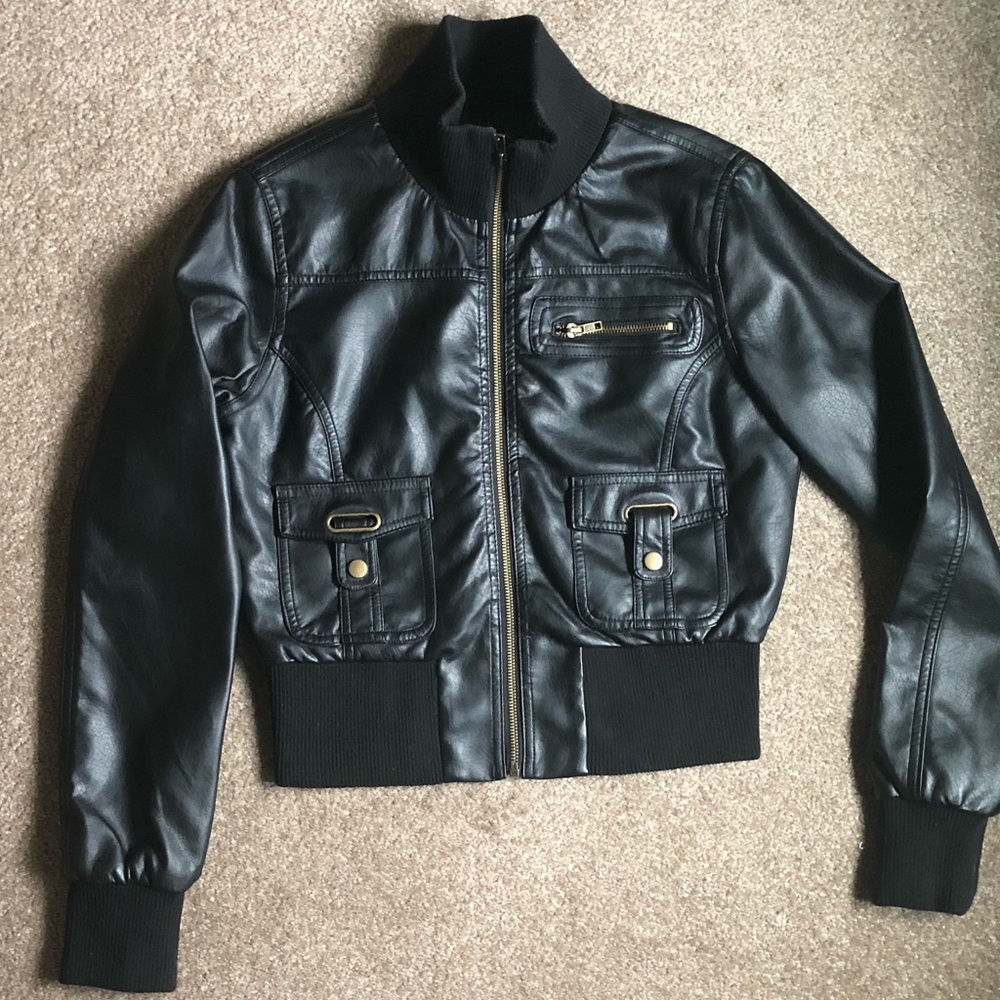 Black faux leather bomber jacket